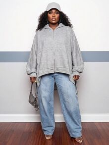 Slaydiva Plus Size Women's Hoodie, Grey Batwing Irregular Hem Plus Size Zip Up Cardigan Sweatshirt - Grey - View 10
