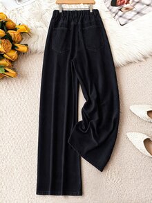 SHEIN Plus Size Black Washed Denim Wide Leg Long Pants, 1/2 Elastic Waist, Front Center Opening, Side Seam Pockets, Regular Back, Drapey Casual Versatile Floor-Length Pants - Black - View 2