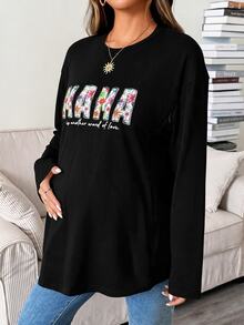 SHEIN 孕婦哺乳花卉與字母印花長袖上衣 - 黑色 - 查看 4