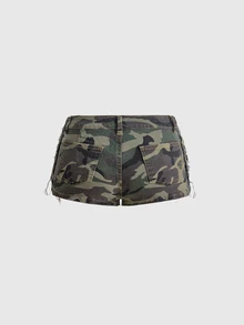 ROMWE Grunge Punk 女款大腰帶金屬撞色復古辣妹個性小眾牛仔短褲 - 軍綠色 - 查看 2