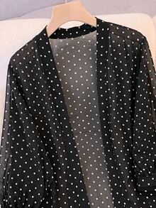 SHEIN CURVE+ 夏季薄款長袖波點開襟大尺碼針織外套 秋季 - 黑與白 - 查看 3