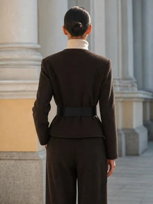 Balvessa Women's Brown Round Neck Black Belt Waist Short Wool Blend Versatile Jacket - Mocha Brown - View 2