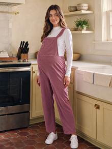 SHEIN Maternity Corduroy Pink Straight Leg Overalls With Wide Strap Frill Trim Front Pockets Adjustable Back Buckles Cute Loose Fit Casual Fall - Pink - View 4
