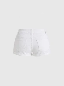 ROMWE Y2K復古風女款低腰牛仔短褲，鈕扣裝飾，百搭辣妹風 - 白色 - 查看 2