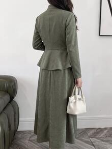 Solavon Women's Solid Color Long Sleeve Top And Skirt Casual Two Pieces Set - Army Green - View 2