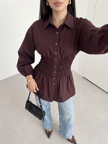 Veilorie Women's Solid Color Pleated Casual Versatile Daily Wear Shirt - Brown - View 6