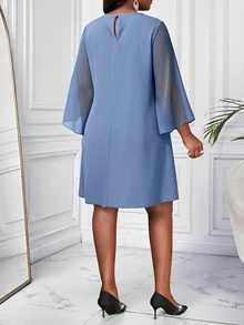 SHEIN Lady 大尺碼圓領純色開衩袖短洋裝 - 霧霾藍 - 查看 2