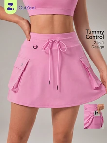 OutZeal Tennis Skirts Women Sports Pink Skirts Gym Workout 2-In-1 Design Built-In Shorts High Waist - Pink - View 1