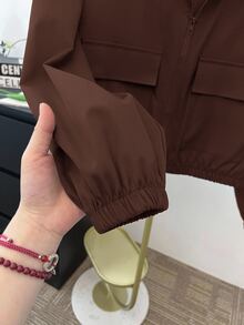 SHEIN 青少年女孩編織素色貼口袋短版寬鬆休閒連帽外套 - 棕色 - 查看 5