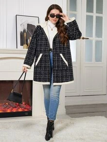 SHEIN Clasi 大尺碼女款格紋圖案簡約百搭拉鍊保暖內裡連帽夾克 - 黑色 - 查看 8