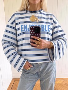 SHEIN EZwear 海外長袖清新草莓白奶油條紋T恤，秋季上衣，適合日常通勤、聚會、秋冬/夏季、聖誕節、新年、感恩節、派對、婚禮、海灘、畢業典禮、優雅、外出、約會、通勤、情人節、度假、Y2K、畢業典禮等場合 - 彩色 - 查看 3