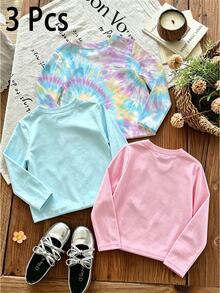 Young Girl Smile Graphic Letter Long Sleeve Tee & Pants Set, Blue Pink Colorful (3 Pcs) Fall Winter - Multicolor - View 2