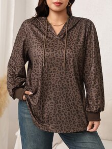 Easowa Curve Sweatshirt Wanita Ukuran Besar Motif Leopard, Lengan Panjang, Kasual, Sepanjang Musim - Coklat - View 3