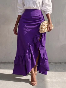BamGlimmer Autumn/Winter Brown Skirt, Ruffle High Slit Design, Fashionable And Elegant, Suitable For Travel, Daily Wear, Shopping, Parties And Gatherings, Versatile For Commuting - Purple - View 5