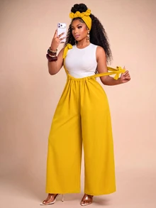 Brilight Women Wide Leg Jumpsuit, Bowknot Spaghetti Strap Backless Ruched Satin Romper, Vacation Outfit For Holiday Garden Party Mustard Yellow Summer - Mustard Yellow - View 10