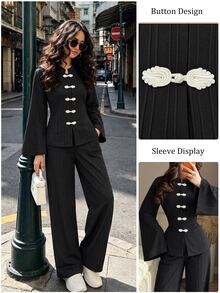 Modelyn Spring/Summer Women's 2 Pieces Set With Waist-Cinching Slimming Tie & Frog Button, Elegant Versatile Daily Commute Outfit - Black - View 9