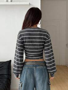 Coolane 女款運動衫，女款秋季服飾，黑白條紋休閒極簡運動街頭風百搭聚會機場穿搭 Y2K 上衣，秋季穿搭，女款通勤穿搭，百搭上衣，外出穿搭，機場穿搭 - 白色 - 查看 2