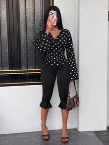 Slaydiva 女款波點V領休閒日常長袖T恤 - 黑色 - 查看 4