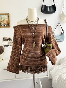 Soleia Women's Striped Off-Shoulder Dropped Shoulder Long Sleeve Sweater - Multicolor - View 3