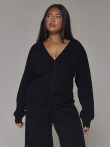 MUSERA Plus Size Black Knit Long Sleeve V Neck Cardigan Spring Summer Casual Everyday Day Outfit Going Out - Black - View 2