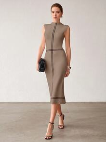 MOTF PREMIUM WOMEN'S STRIPED STAND COLLAR FITTED ELEGANT SLEEVELESS KNIT DRESS - Camel - View 1