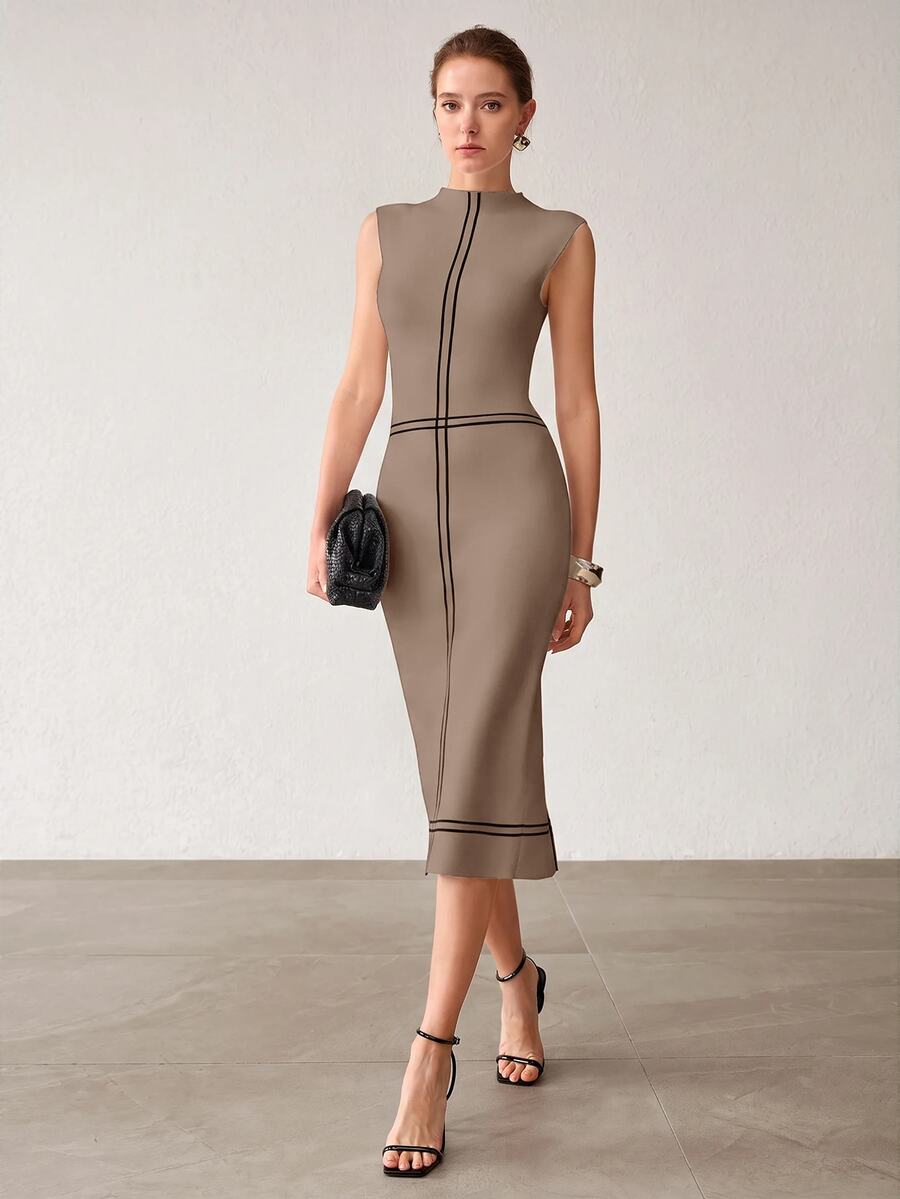 MOTF PREMIUM WOMEN'S STRIPED STAND COLLAR FITTED ELEGANT SLEEVELESS KNIT DRESS - Camel - View 1