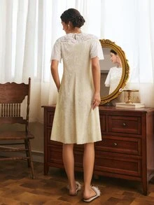 Côtesoire Váy ngủ ngắn tay nữ phối ren phong cách thường ngày mặc ở nhà - Màu be - Xem 2