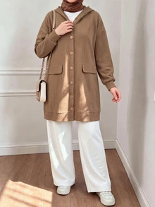Lacomfia Women's Hooded Long Sleeve Loose Textured Jacquard Casual Versatile Autumn/Winter Plus Size Jacket - Khaki - View 5