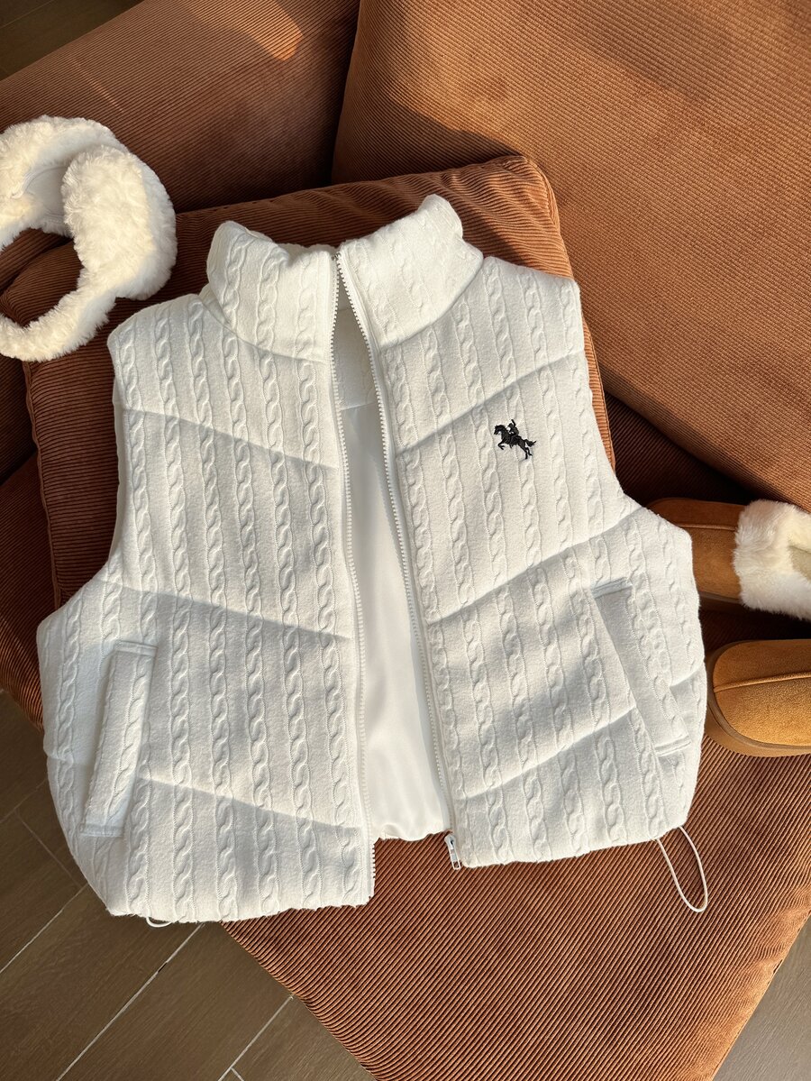 Comfortcana Plus Size Women's Casual Knitted Textured Padded Vest - Beige - View 1
