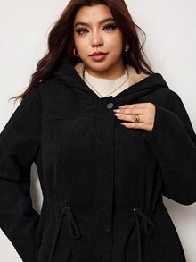 Enliva Plus Size Women's Hooded Padded Coat Drawstring Waist Flap Pocket Warm Outerwear Flattering Compatible With Apple Shape Rounded Body - Black - View 9