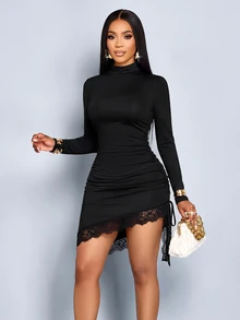 SOLERSUN Women's Elegant Party Mini Dress, Black Stretch Fabric, High Neck, Long Sleeve, Asymmetric Ruffle Hem, Side Ruched, Autumn/Winter - Black - View 7