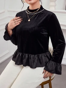 Modelyn Women's Autumn/Winter New Long Sleeve Ruffle Satin Velvet Colorblock Elegant Pearl Small Round Neck Slimming Versatile Plus Size Blouse For Party And Gathering - Black - View 4