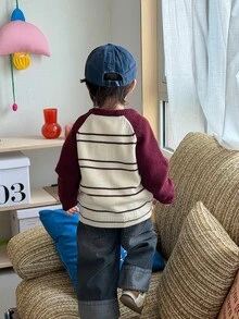 DAZY Baby Boy Round Neck Long Sleeve Colorblock Casual Sweater - Red - View 2