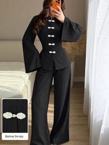 Modelyn Spring/Summer Women's 2 Pieces Set With Waist-Cinching Slimming Tie & Frog Button, Elegant Versatile Daily Commute Outfit - Black - View 1