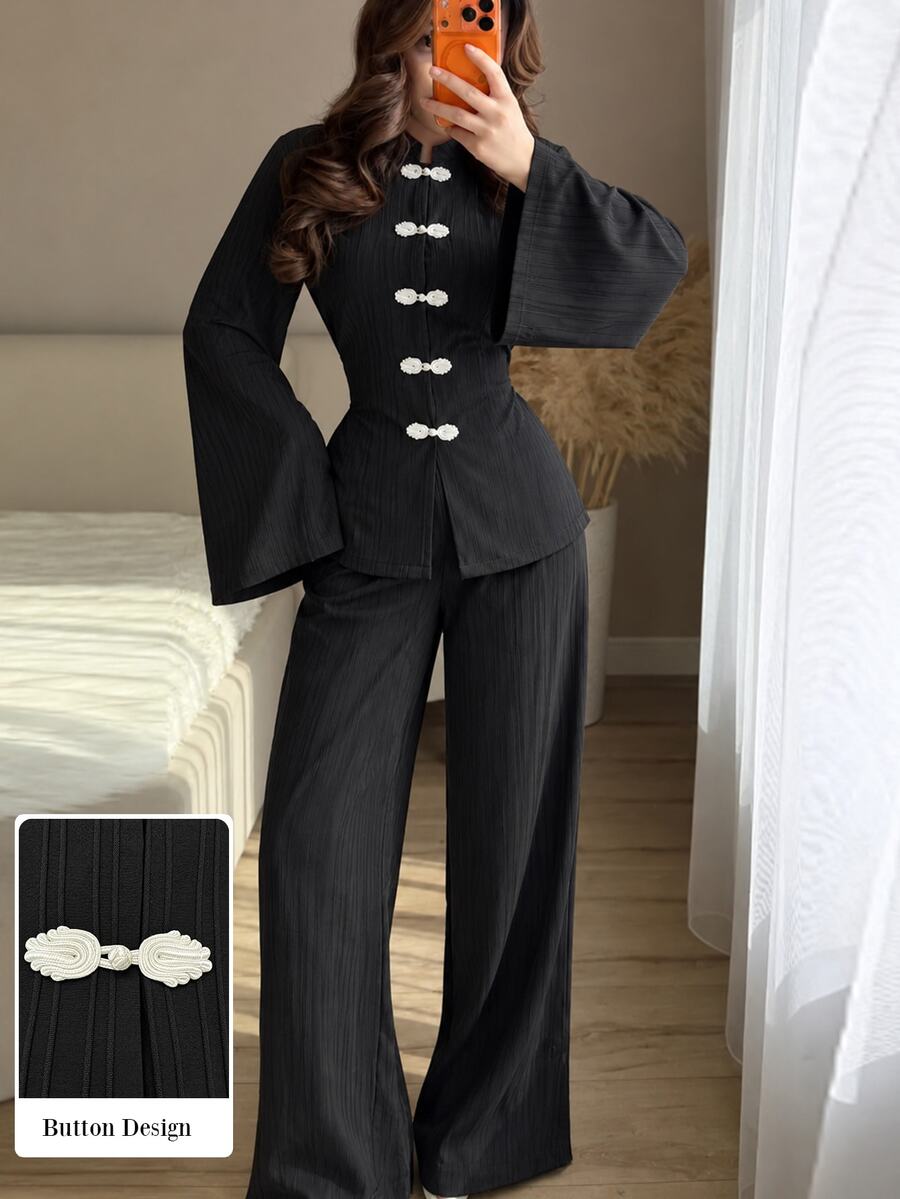 Modelyn Spring/Summer Women's 2 Pieces Set With Waist-Cinching Slimming Tie & Frog Button, Elegant Versatile Daily Commute Outfit - Black - View 1