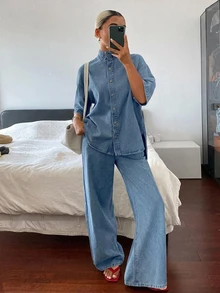 Livesso Autumn Women's Denim Set With Light Blue Washed Short Sleeve Button-Up Collar Top And Skirt - Blue - View 4
