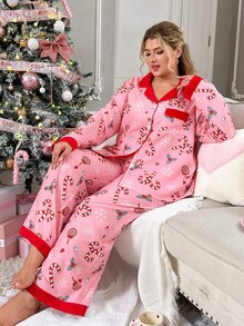 Slumberry CURVE طقم بيجامة بطبعة قلب مفتوح من الأمام بأكمام طويلة مقاس كبير - وردي - مشاهدة 1