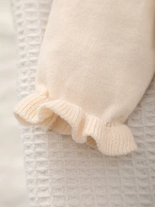 SHEIN Baby Girls Newborn Knit Romper, One-Piece Jumpsuit, Rabbit Embroidery, Ruffle Trim, Suitable For Autumn/Winter, Soft - Apricot - View 5