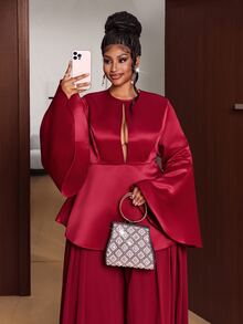 Maweii Plus Size Women's Vintage Solid Color Flare Long Sleeve Hollow V-Neck Chiffon Wide Leg Pants 2 Pieces Set Fall - Red - View 3