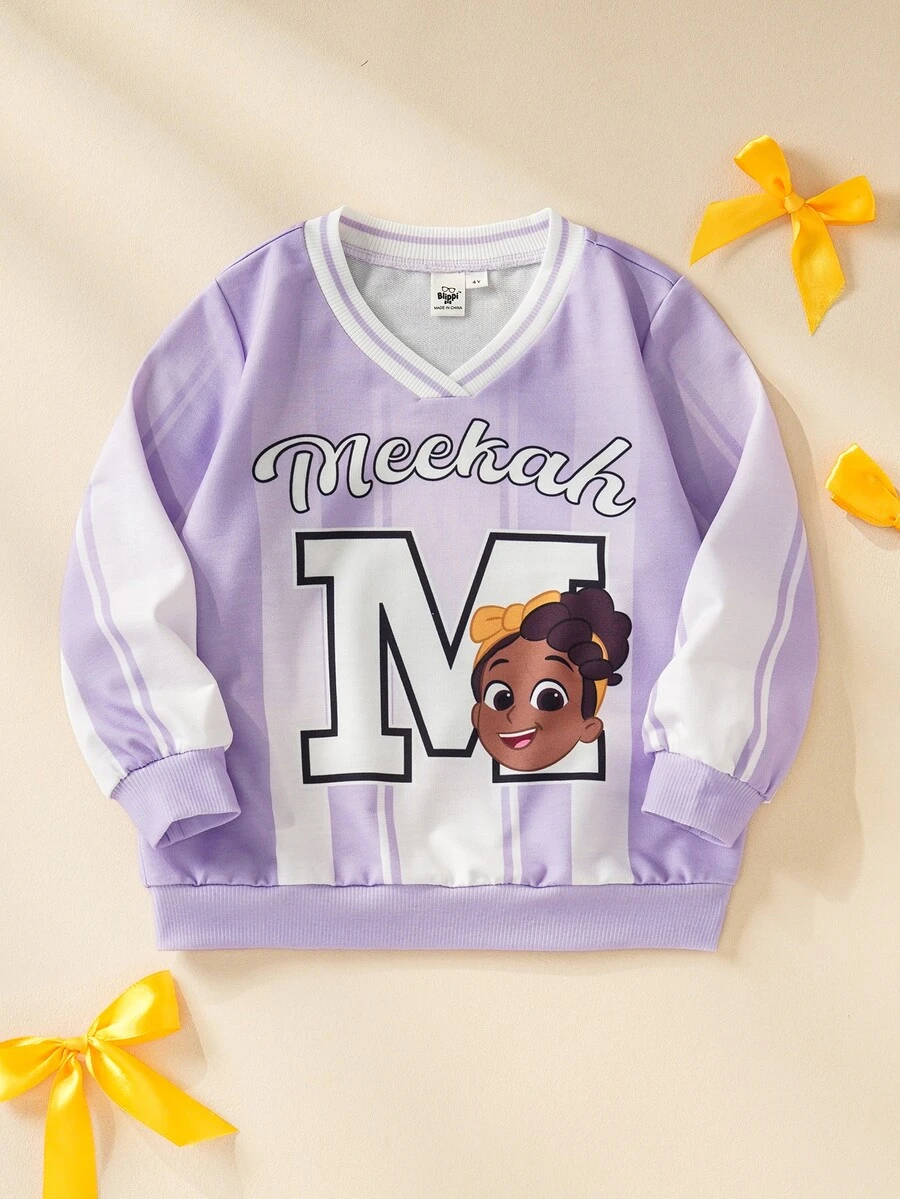 Blippi X SHEIN Young Girl V-Neck Long Sleeve Striped Cartoon Pattern Letter Print Sweatshirt - Purple - View 1