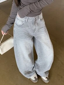 DAZY 女款破舊水洗漂白水鑽裝飾寬鬆寬腿牛仔長褲 休閒度假街頭日常韓系秋冬長褲 - 灰色 - 查看 3