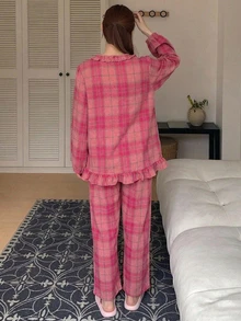 DAZY 2pcs Women's Pajama Set With V-Neck Half-Button Long Sleeve Top And Straight Leg Long Pants, Plaid With Frill Trim - Pink - View 2