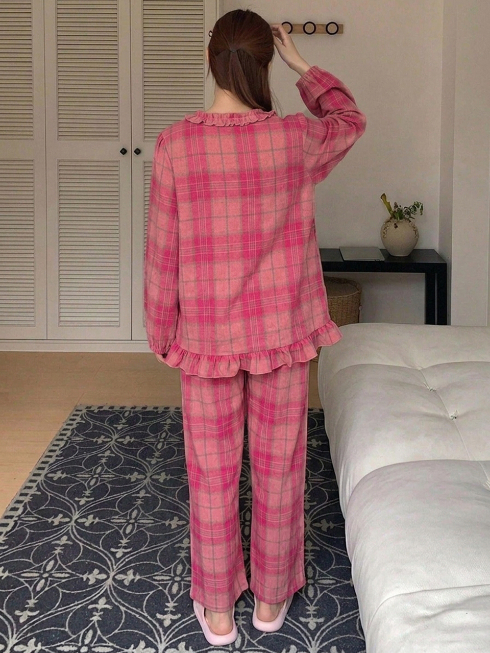 2pcs Women's Pajama Set With V-Neck Half-Button Long Sleeve Top And Straight Leg Long Pants, Plaid With Frill Trim