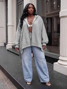 Slaydiva Plus Size Women's Hoodie, Grey Batwing Irregular Hem Plus Size Zip Up Cardigan Sweatshirt - Grey - View 5