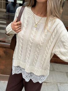 SHEIN Frenchy Contrast Guipure Lace Cable Knit Drop Shoulder Sweater - Apricot - View 4