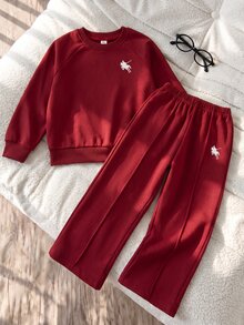 SHEIN 青少年女孩 2件/套休閒運動風酒紅色秋季返校套裝，長袖運動衫與寬鬆寬腿長褲 - 酒紅色 - 查看 5