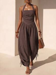 Zivah Women's Halter Neck Backless Tie Back Wide Leg Drawstring Jumpsuit - Coffee Brown - View 4