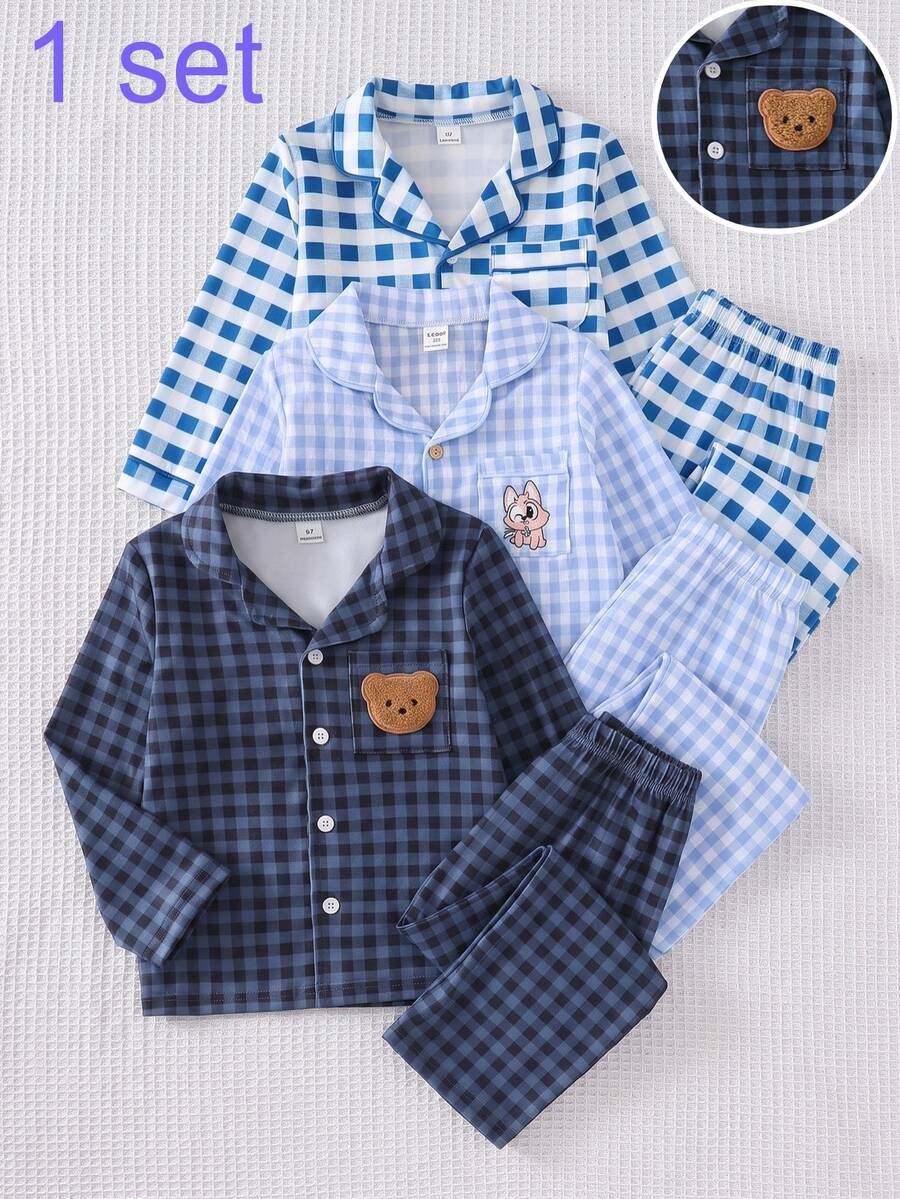 2件組男童幼兒居家服套裝，兒童藍黑格紋睡衣套裝，男童翻領熊刺繡休閒服長袖2件套 - 寶藍色 - 查看 1