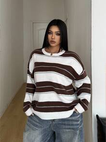 POPSWAY Plus Size Women's Colorblock Casual Daily Long Sleeve Sweater - Multicolor - View 3