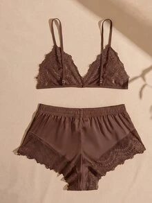 Lullawish 女款蕾絲細肩帶上衣與短褲性感睡衣套裝 - 棕色 - 查看 2
